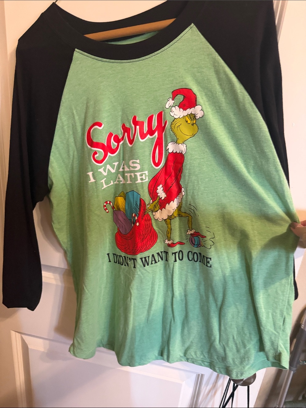 Women's Green and Black Raglan Grinch Long Sleeve Tee